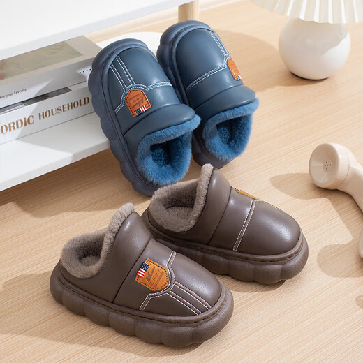 Autumn and winter cotton slippers for boys and girls, thick-soled non-slip cotton slippers for indoor and outdoor use, plus velvet and warm cotton slippers for boys and girls, leather label T-grey 12 38/39 adult one size smaller