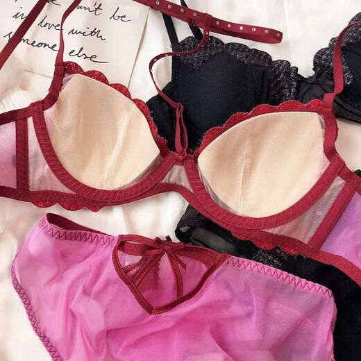 French pure lust underwear, romantic love embroidery, detachable halter neck, thin big breasts, soft steel ring push-up bra set, red set 85B