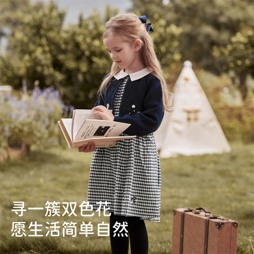 DAVE&BELLA children's sweater dress spring new style girls fake two-piece knitted skirt baby girl skirt princess dress navy blue ready in stock 90 cm (recommended height 80-90cm)