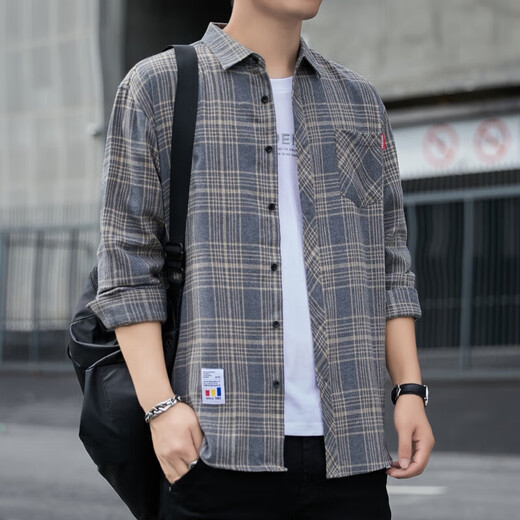 Septwolves Plaid-Hemd Herren-Langarmfrühling und Herbst Revers Loose Casual Jacket Thin K12109 Khaki 4xl
