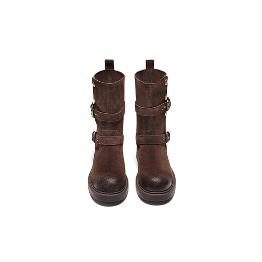 百丽潮流马丁靴女25冬新商场同款按扣短靴E7Z1DDZ5 啡色 38