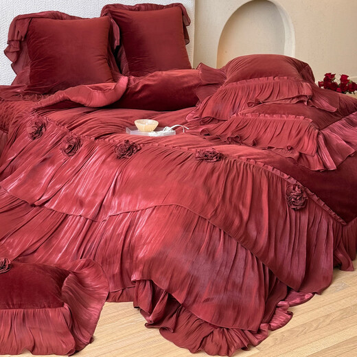 Fantasy wedding four-piece milk velvet festive quilt cover big red baby velvet bed sheet bed cover dowry rose melody-red bed sheet 1.8m bed sheet four-piece set quilt cover 200x230