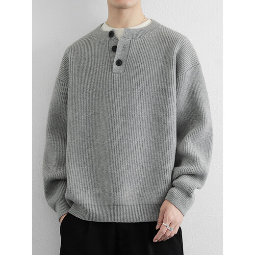 Xinyoujie Henry collar fashionable simple high-end knitted sweater for men lazy style boys sweater 2025 autumn and winter trend 2555 light gray M recommended 100-120Jin Jin equals 0.5 kg