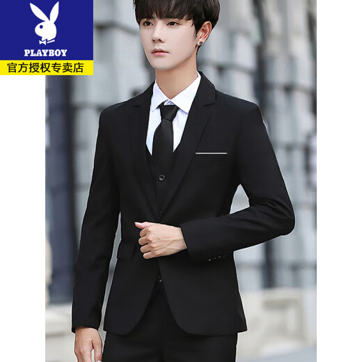 Playboy formal suit suit men's slim and handsome Korean style business jacket black student casual groomsman wedding small suit 1 button black, suit + pants + tie XL (recommended 110-123 Jin Jin equals 0.5 kg)