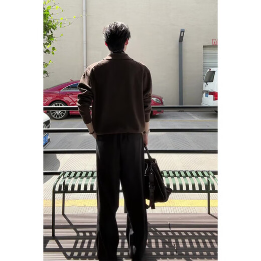 Brown Henry collar knitted Polo shirt for men, autumn style loose wide-leg trousers suit, light gray knitted sweater, upgraded version 2XL