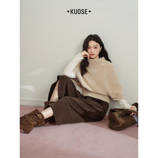 Wide color temperament woolen cape shawl top twist half turtleneck sweater 2025 autumn and winter new women's knitted sweater khaki color issued on November 27 M