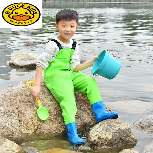 G.duck children's suspender waders children's water play waterproof clothing thickened boys and girls fishing kindergarten baby one-piece rain boots children's suspender model yellow + large pocket 27 size - shoe size