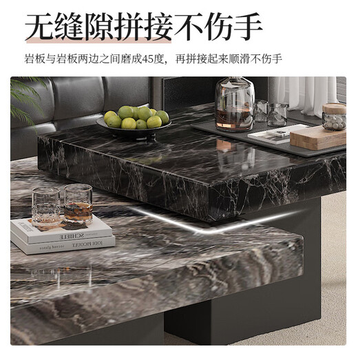 Qingzi Yu Italian minimalist slate coffee table square suspended home modern simple living room color matching high and low side table combination 80cm Venetian Brown + 50cm Knight Black Tea Tray Style
