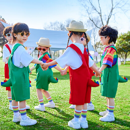 Yusenyi Little Gecko Borrowed Tail Performance Costume Sixty-One Kindergarten Cute Overalls Costume Children's Animal Dinosaur Small Wall Pure Cotton White Short Sleeves + Red Dinosaur Straps One Size 110cm