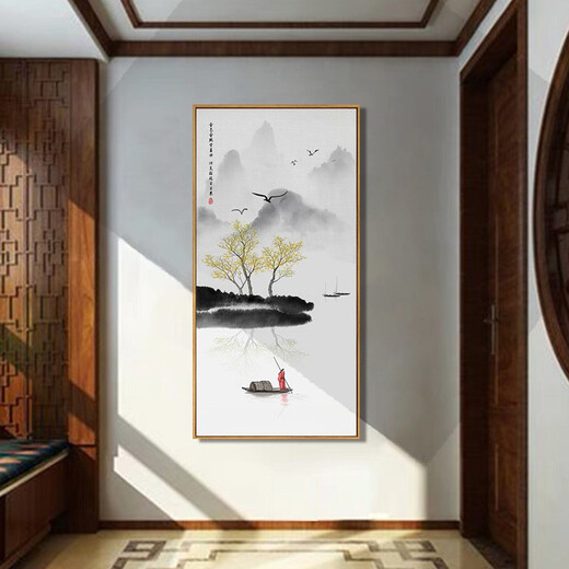 Zilang Zen decorative painting new Chinese style hanging painting entrance vertical mural hotel tea room corridor aisle wall ink landscape painting 03-autumn 70*140 wood grain yellow frame (PS frame + canvas)