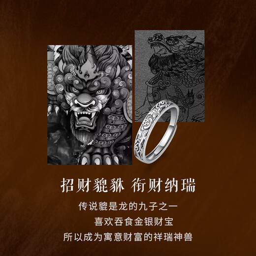 Zhen Shang Silver Chinese Gold Authorized Pixiu Silver Ring Men's Tail Ring Ring Live Birthday Gift for Boyfriend and Husband S925