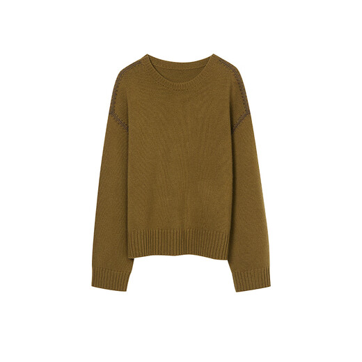 LANCY Wool Cashmere Winter New Retro Relaxed Round Neck Knitted Sweater Short Sweater Women Khaki Green M