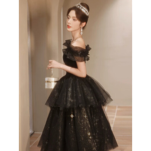 Black one-shoulder evening dress for women, high-end light luxury, niche adult ceremony, tutu skirt, dinner host art test, black 2XL 115Jin Jin is equal to 0.5kg -120Jin Jin is equal to 0.5kg, the card size is large