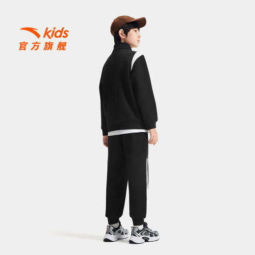 ANTA Children's Suit for Boys and Girls 2025 Autumn School Sports Children's Clothing Outdoor Running Training Knitted Sports Clothes Plus Velvet Style Black Letter Sweatshirt + Black Trousers Skin Warm Velvet 150 cm