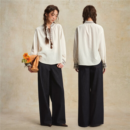 Giordano designer women's new Chinese style embroidered strappy stand collar loose long-sleeved shirt 18345828