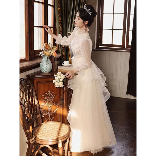 Ovivo wedding dress bridal main yarn 2025 champagne color evening dress skirt female end banquet host birthday art test adult champagne color S