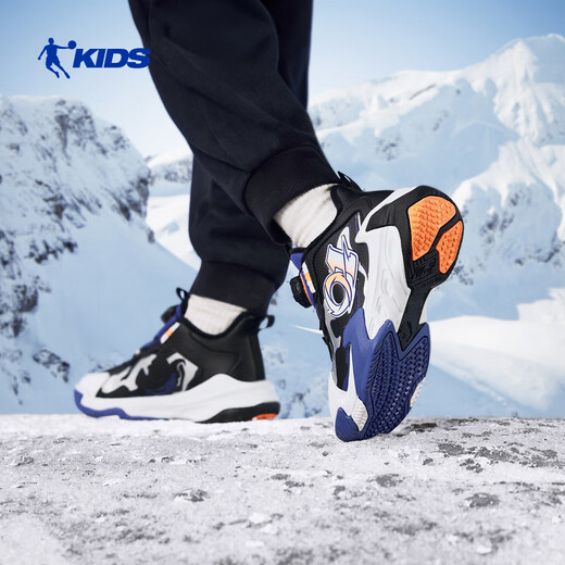 Jordan boys' velvet basketball shoes children's cotton shoes winter leather sports shoes black/misty blue 32