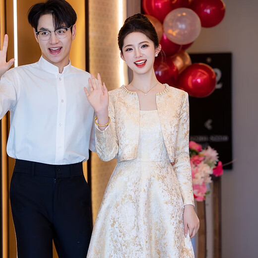 Libaixin toast dress, engagement dress, home casual dress, petite, fragrant two-piece dress, autumn long sleeves, elegant and decent, champagne color, one set plus vest, L recommended 105-110 Jin Jin equals 0.5 kg