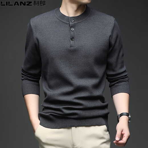 LILANZ Men's Wool Sweater Henley Neck Wool Sweater Autumn and Winter Thickened Casual Men's Round Neck Sweater Wool Sweater Black M 165 (100120Jin Jin is equal to 0.5 kg