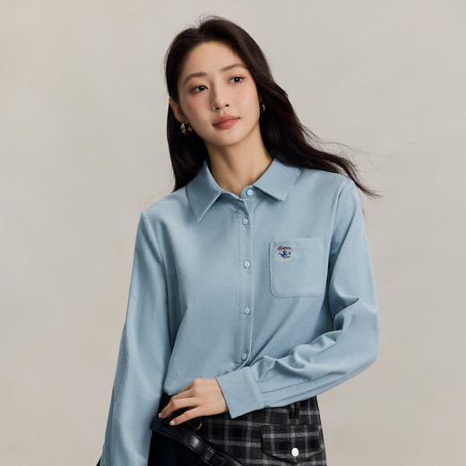 INMAN pure cotton simple commuter long-sleeved shirt for women 2025 autumn retro embroidered loose lapel corduroy shirt light aqua XL