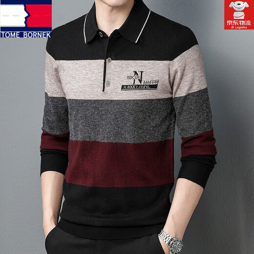 TOME BORNEK high-end 100% pure woolen sweater for men in spring and autumn knitted striped casual middle-aged dad thin long-sleeved sweater for men 1162 black red