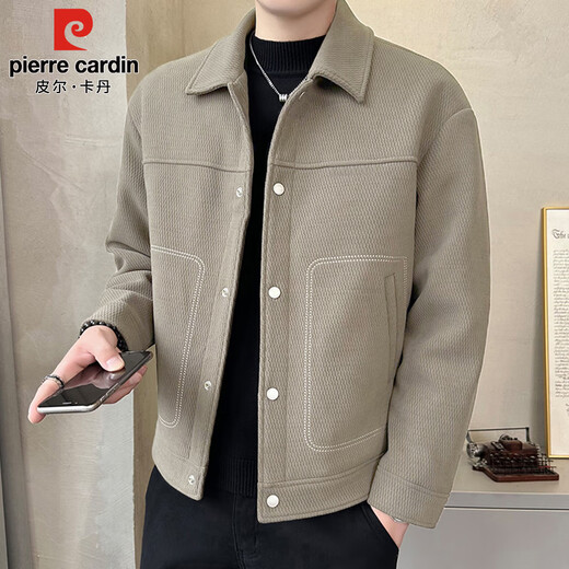 Pierre Cardin jacket men's autumn and winter top-stitched high-end jacket casual fashion lapel men's beige XL