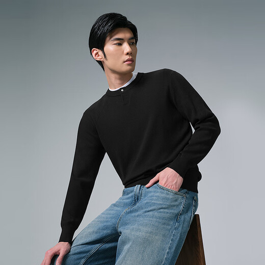 Lilang Henry Collar Sweater Winter Sweater 2025 New Style Contains Sheep Wool Slim Fit Warm Bottoming Sweater Men's Sweater Black (G5DMS0111S) XL 175/88A