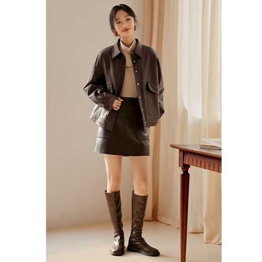 XWI Xinweimeilad matte quilted leather jacket for women in autumn, loose and not bulky, warm and windproof shirt style jacket, dark brown M