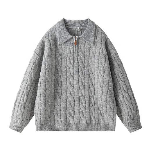 Lovren LOFVRANG American retro old money style twist Henry collar sweater for men in winter loose pullover couple layered cable knit sweater light gray L