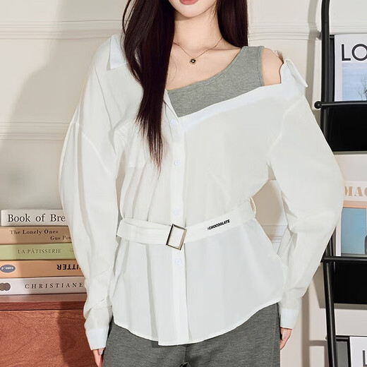 CHOCOOLATE it women's sexy design off-shoulder fake two-piece splicing long-sleeved shirt for women autumn and winter slim waist top for women white M
