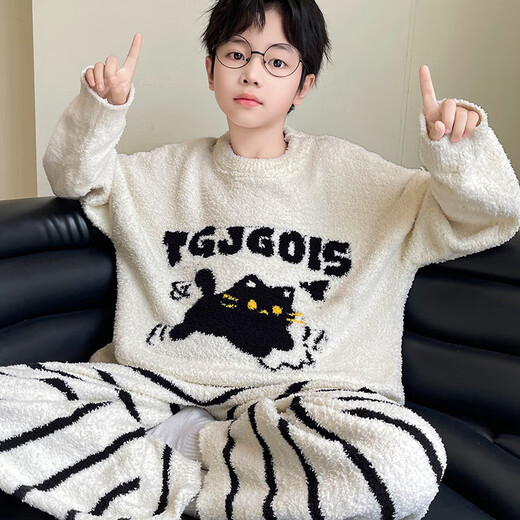 G.duck children's clothing boys' pajamas winter home clothes plus velvet autumn and winter big children thickened coral velvet boys' flannel trendy white 120 m