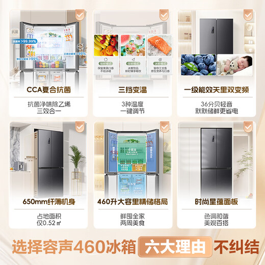 Rongsheng 460-liter cross-fold double-open four-door refrigerator household first-class energy efficiency air-cooled frost-free frequency conversion energy-saving ultra-thin large capacity BCD-460WD12FPA national subsidy