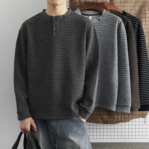 Yuandi Chaoshan Sweater Men's Henry Collar Striped Sweater Men's Autumn and Winter Long-Sleeved Bottoming Warm Wool Sweater with Wool Inside Dark Gray Gray Anti-pilling L 120-140Jin Jin is equal to 0.5 kg
