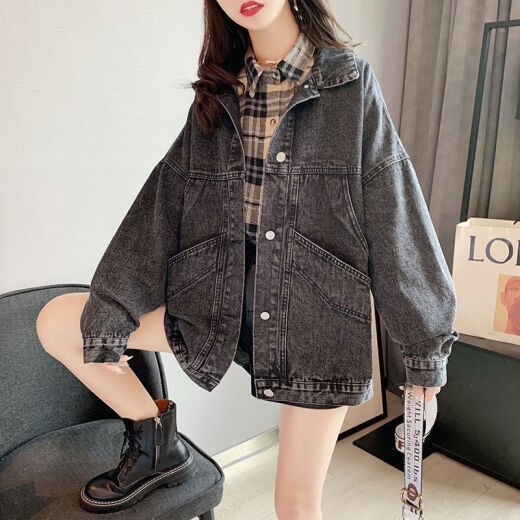 
Pei Shiyan's spring denim jacket female student Korean style loose spring jacket large size women's denim clothes spring and summer style 9929# picture style smoke gray S recommended 80--100Jin [Jin equals 0.5 kg]