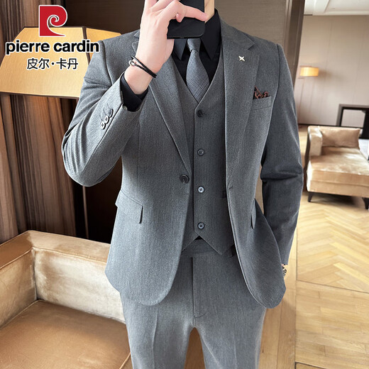 Pierre Cardin suit men's three-piece commuting simple large size drape coat British style business formal groom's dress trend medium gray single piece suit free tie XL