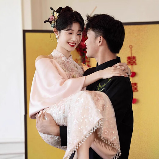 Grosfairy pink high-end toast dress cheongsam for women 2025 new new Chinese style engagement dress bride wedding dressing gown for women red S