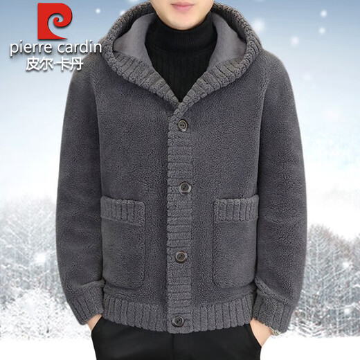 Pierre Cardin sherpa jacket men's autumn and winter new style plus velvet thickened wool warm hooded jacket coat men's coat plus plush lining plus wool gray 2XL recommended 130-145Jin Jin equals 0.5 kg