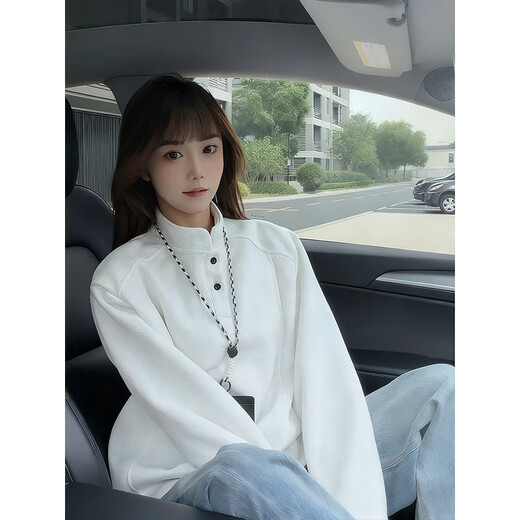 Rouard plus velvet right shoulder Henry collar POLO shirt deconstructed splicing sweatshirt for men winter American cleanfit inner layering shirt white gray plus velvet style XL