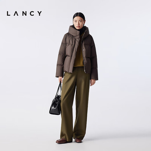 LANCY Wool Cashmere Winter New Retro Relaxed Round Neck Knitted Sweater Short Sweater Women Khaki Green M