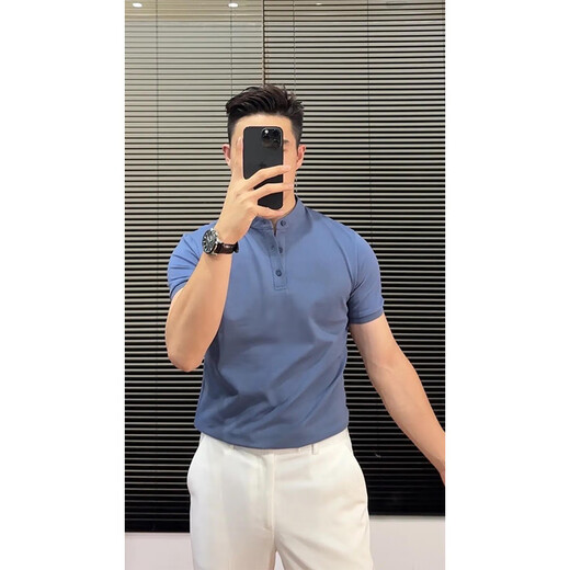 Qing Muqi high-quality business half-sleeved POLO shirt for men's summer new style blue right-shoulder Henry collar design short-sleeved T-shirt blue stand-up collar polo short-sleeved M recommended 90-105Jin Jin equals 0.5 kg