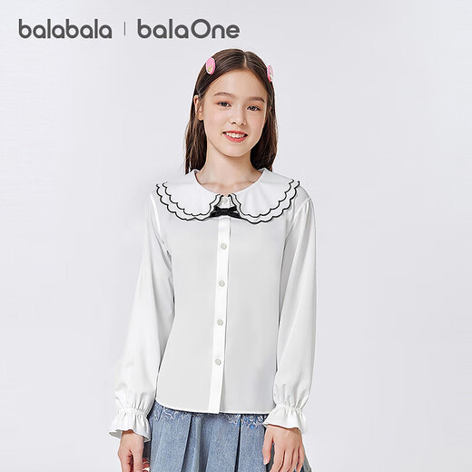 Balabala children's clothing girls white shirt long-sleeved autumn college style top lapel ruffled thin clothes sweet original white 10101 140