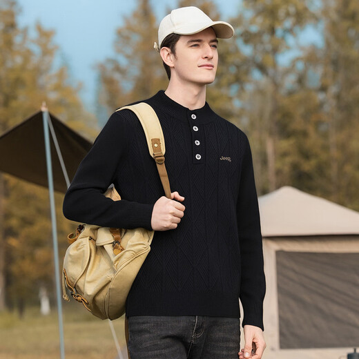 JEEP heavy henley collar sweater autumn new classic old money style diamond pattern long-sleeved sweater for men black M