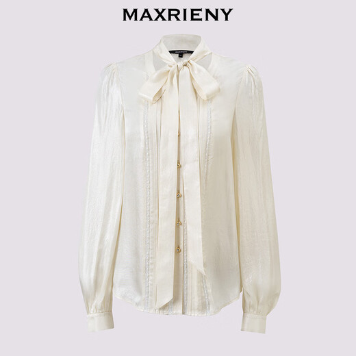 MAXRIENY【商场同款】华贵千金风蝴蝶结飘带蕾丝拼接醋酸缎面衬衫 奶油色 S