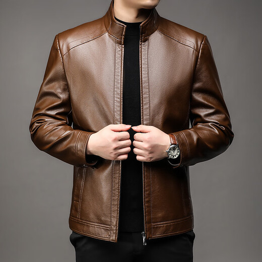 Lilang leather jacket men's autumn and winter new men's stand-up collar soft leather jacket middle-aged men's loose casual leather jacket brown cotton thickened L 175 (recommended weight 115-130)