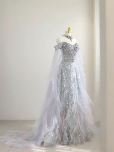 High-end banquet evening dress female fairy princess dress 2025 new adult ceremony 18th birthday performance host silver XS