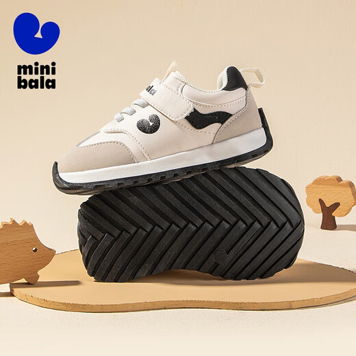 Minibala (minibala) children's shoes, children's toddler shoes, autumn new boys' soft-soled cushioning casual shoes, girls' baby running sneakers, white and black, size 25, suitable for feet 15.5-16.0cm long