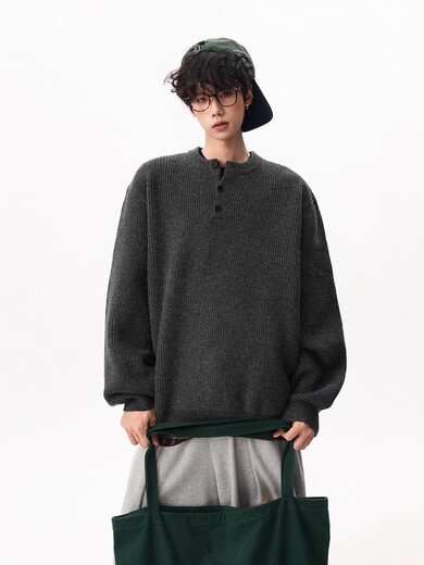 OEMG American retro Henry collar sweater men's autumn and winter thickened warm top sweater long-sleeved base coat dark gray XL recommended 110-130Jin Jin equals 0.5 kg