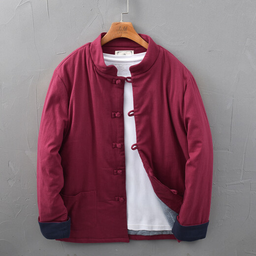 Extreme linen Chinese style disc button stand collar cotton and linen casual cotton coat for men, thickened and warm, versatile loose linen top jacket, navy blue XL