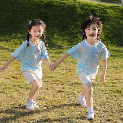 黯嗒嗒高端子装夏装2024新款一家三口四口母子母女套装童装短袖T 755扎染蓝色T恤 90 宝宝码(18-22斤)