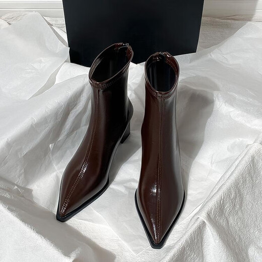 Mac Jabags Brown Short Boots Women's High Heels Autumn and Winter New French Small Ankle Boots Back Zipper Elastic Pointed Thick Heel Slim Boots Black Heel Height 7cm Velvet Lining 34